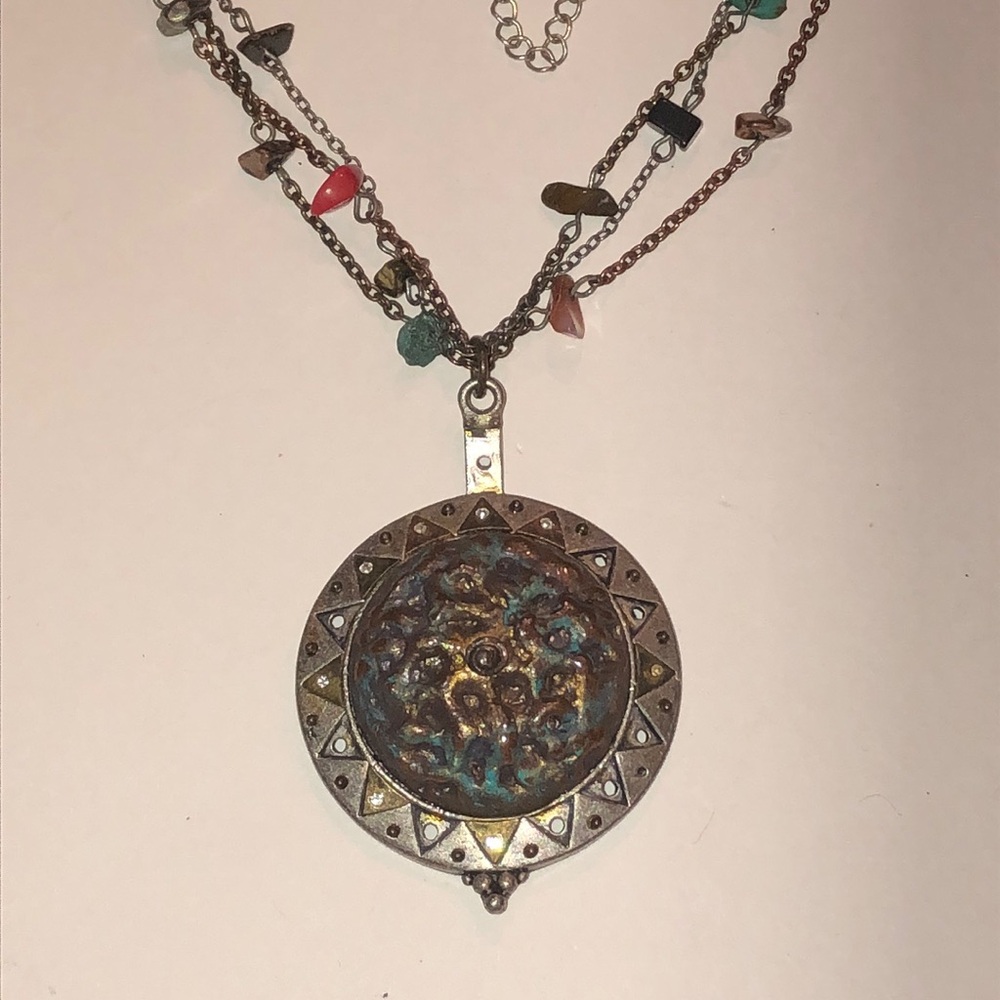 Bohemian Multicolor Aged Metal Semi Precious Stones Beaded Boho Pendant Necklace